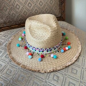 Boho Betsy Johnson Straw Sun Hat with Colorful Pom Pom Trim
